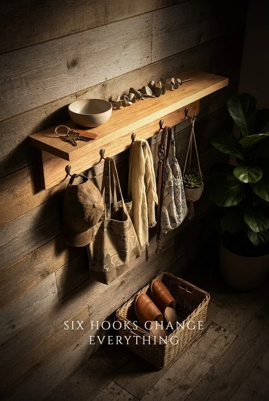 Oak shelf with six hooks in an entryway
