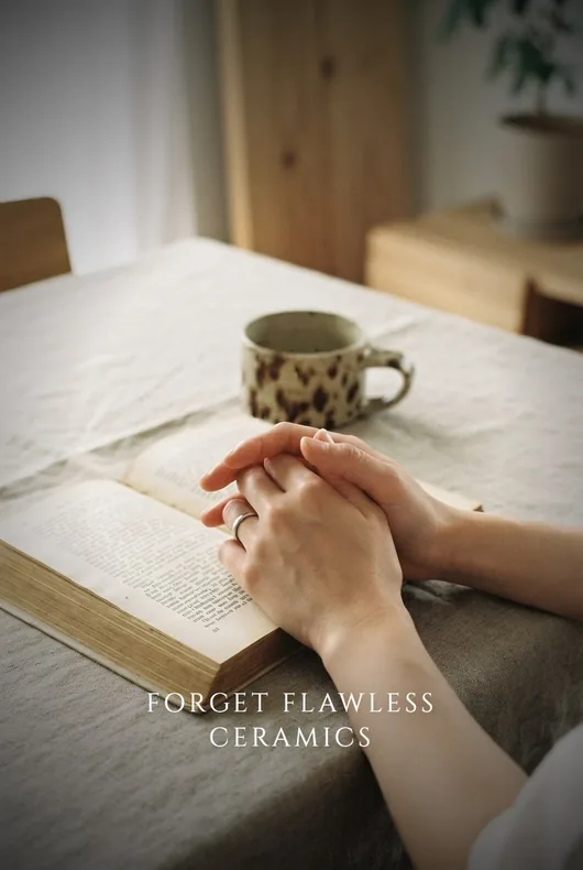 Handmade mug beside an open book