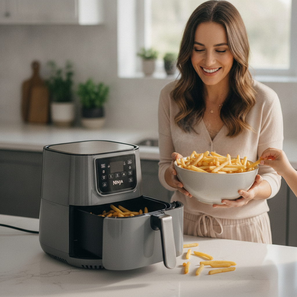 Woman serving fresh air-fried fries from a Ninja air fryer on a bright kitchen counter