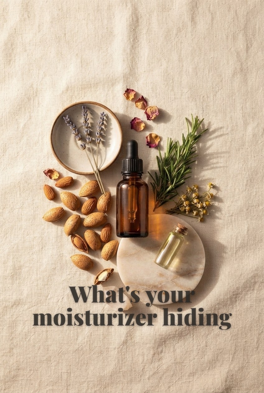 Overhead flat lay of skincare bottles