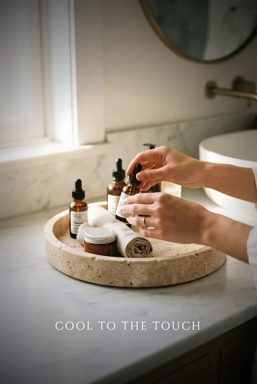 Stone tray holding skincare bottles