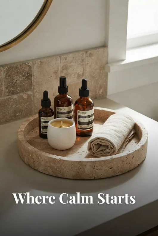 Stone tray with skincare bottles, candle and towel
